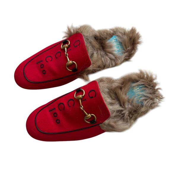 GUCCI Princetwon Horsebit Mule with Fur Gucci 100 Red Size 7 - Picture 4 of 11